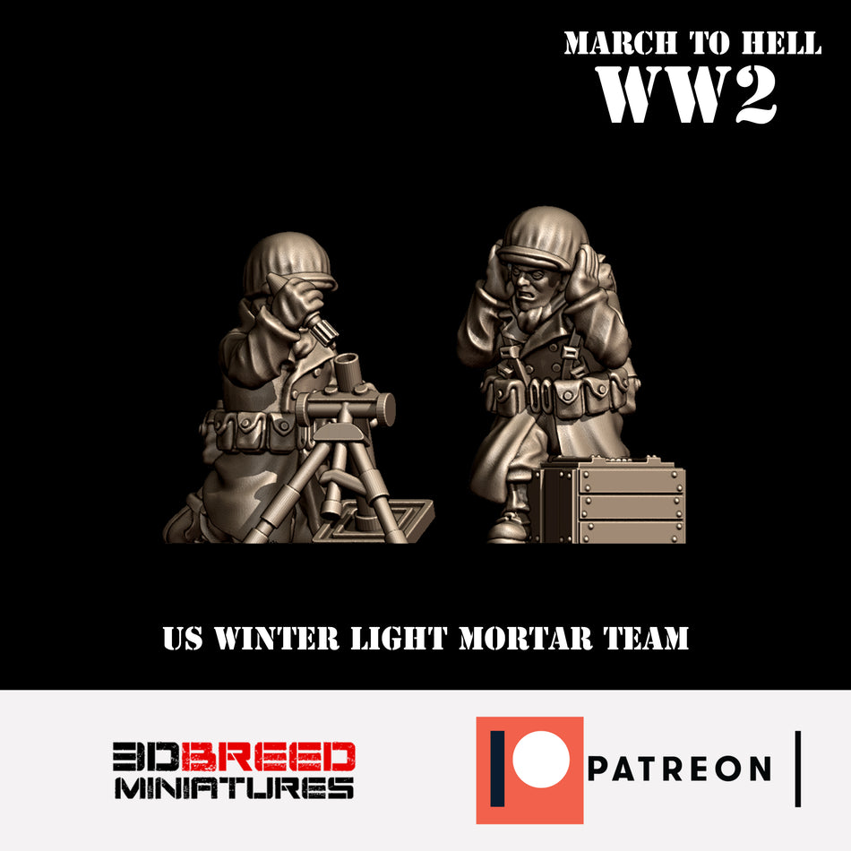 Winter USA Light Mortar Team - 28mm Wargaming Tabletop Miniatures  | 3DBreedMiniatures March to Hell WW2