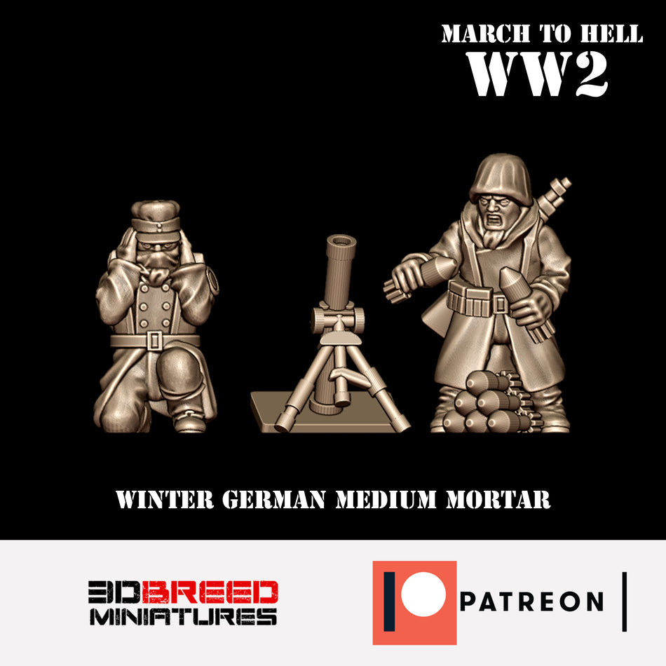 Winter German Medium Mortar - 28mm Wargaming Tabletop Miniatures  | 3DBreedMiniatures March to Hell WW2