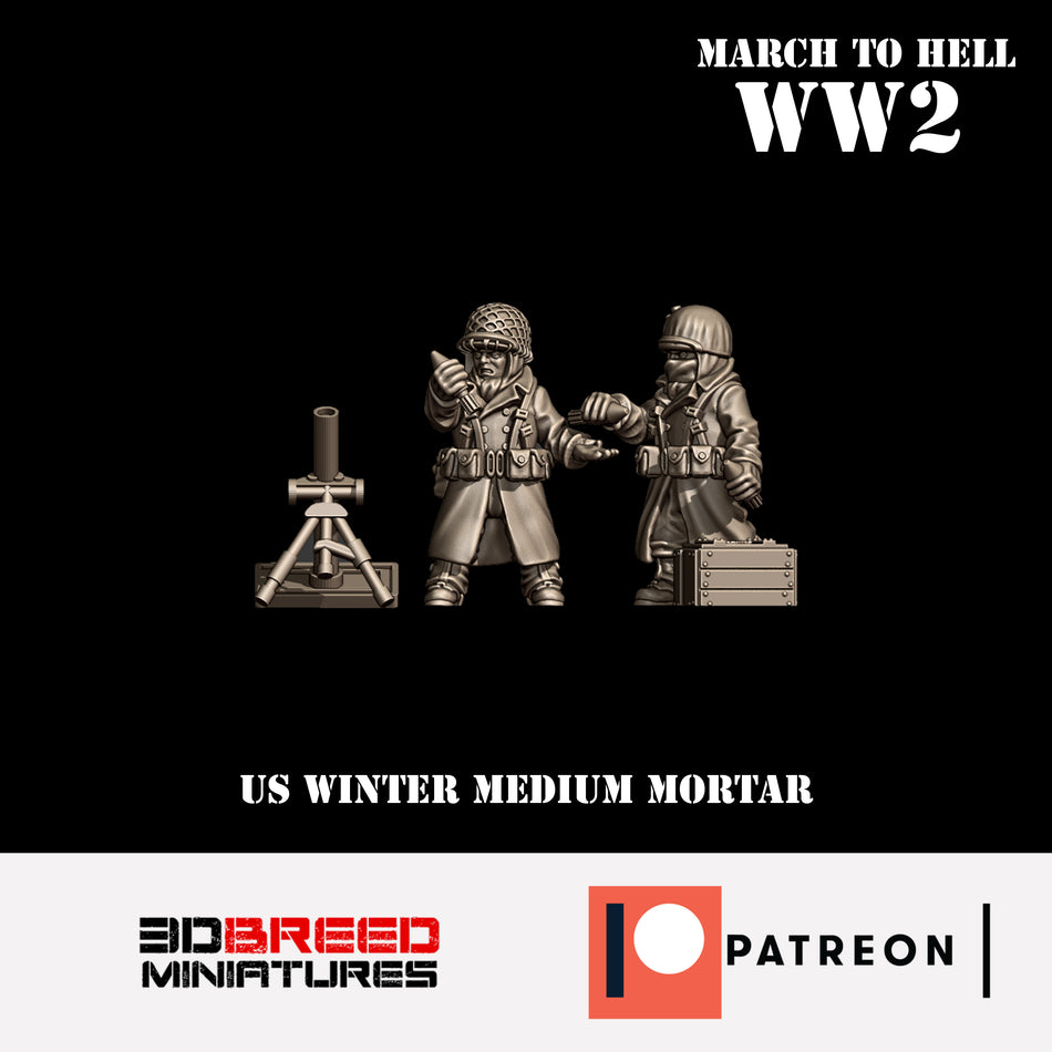Winter USA Medium Mortar - 28mm Wargaming Tabletop Miniatures  | 3DBreedMiniatures March to Hell WW2