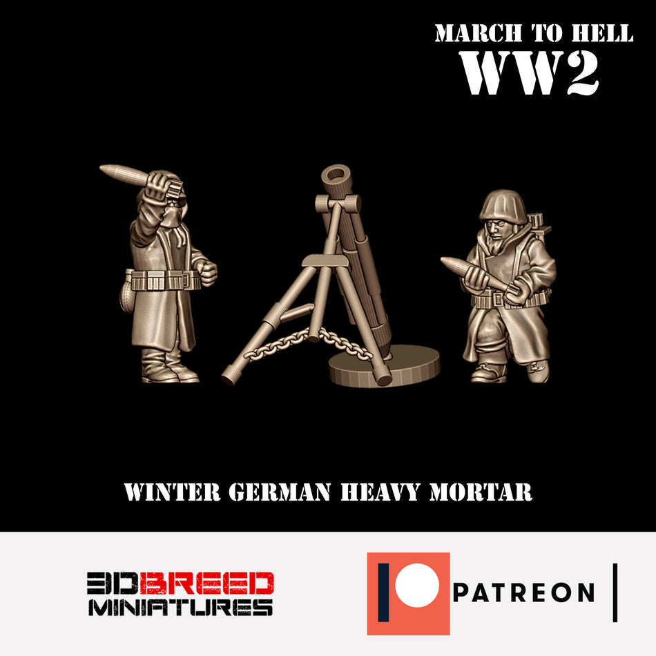 Winter German Heavy Mortar - 28mm Wargaming Tabletop Miniatures  | 3DBreedMiniatures March to Hell WW2