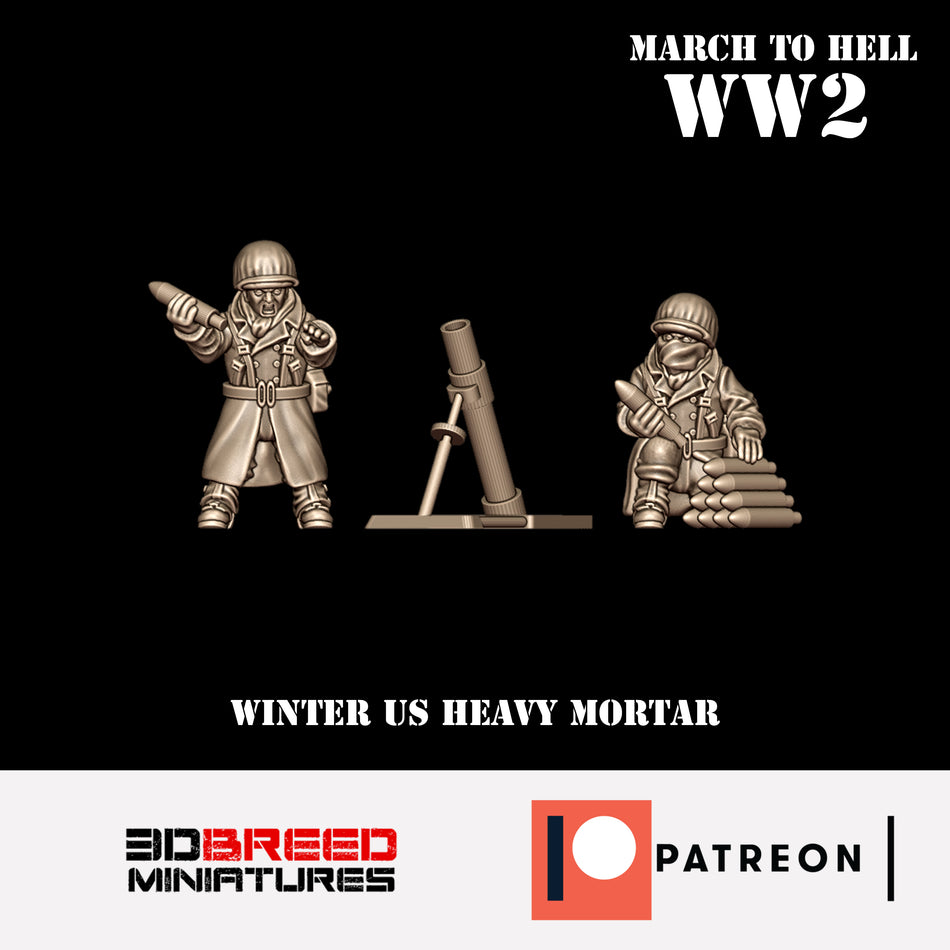 Winter USA Heavy Mortar - 28mm Wargaming Tabletop Miniatures  | 3DBreedMiniatures March to Hell WW2